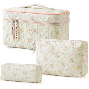 Quilted Makeup Bag, 3pcs Cotton Large Travel Makeup Bag, Cute Floral Coquette😇